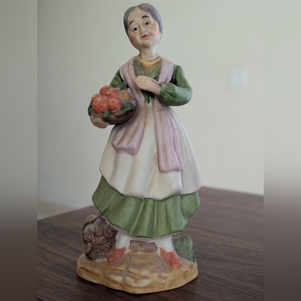Vintage Ceramic Figurine Old Woman Carrying Fruit Basket